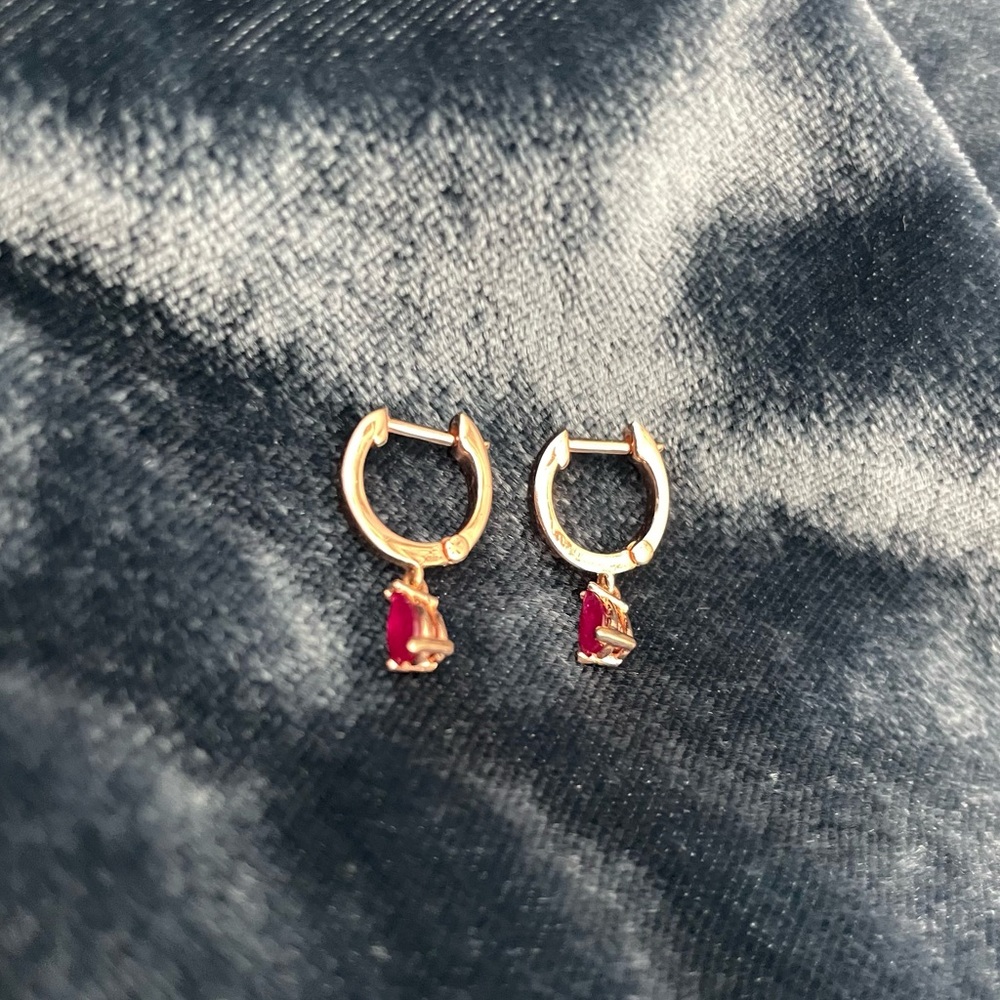 14k Solid Gold Ruby Huggie Earrings - image 3